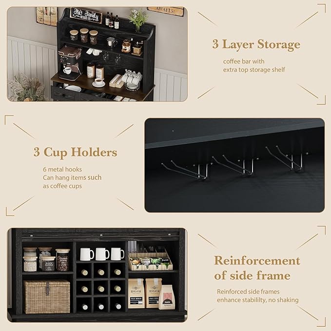 63 Inch Tall Coffee Bar Cabinet with 3-Tier, Kitchen Hutch with 3 Large Drawers, Farmhouse Coffee Bar with 9 Wine Racks & 3 Glass Holders, Wine Storage Cabinet for Living Dining Room, Black