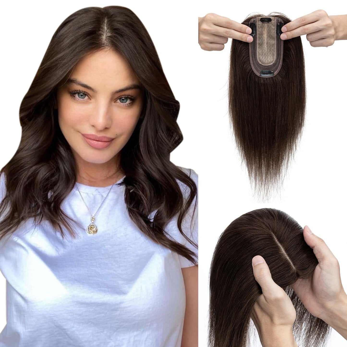 Elailite Hair Toppers for Women Real Human Hair Topper Thinning Thin 5.1x2.8 Silk Base Clip in Remy Hairpieces 16 Inch Dark Brow
