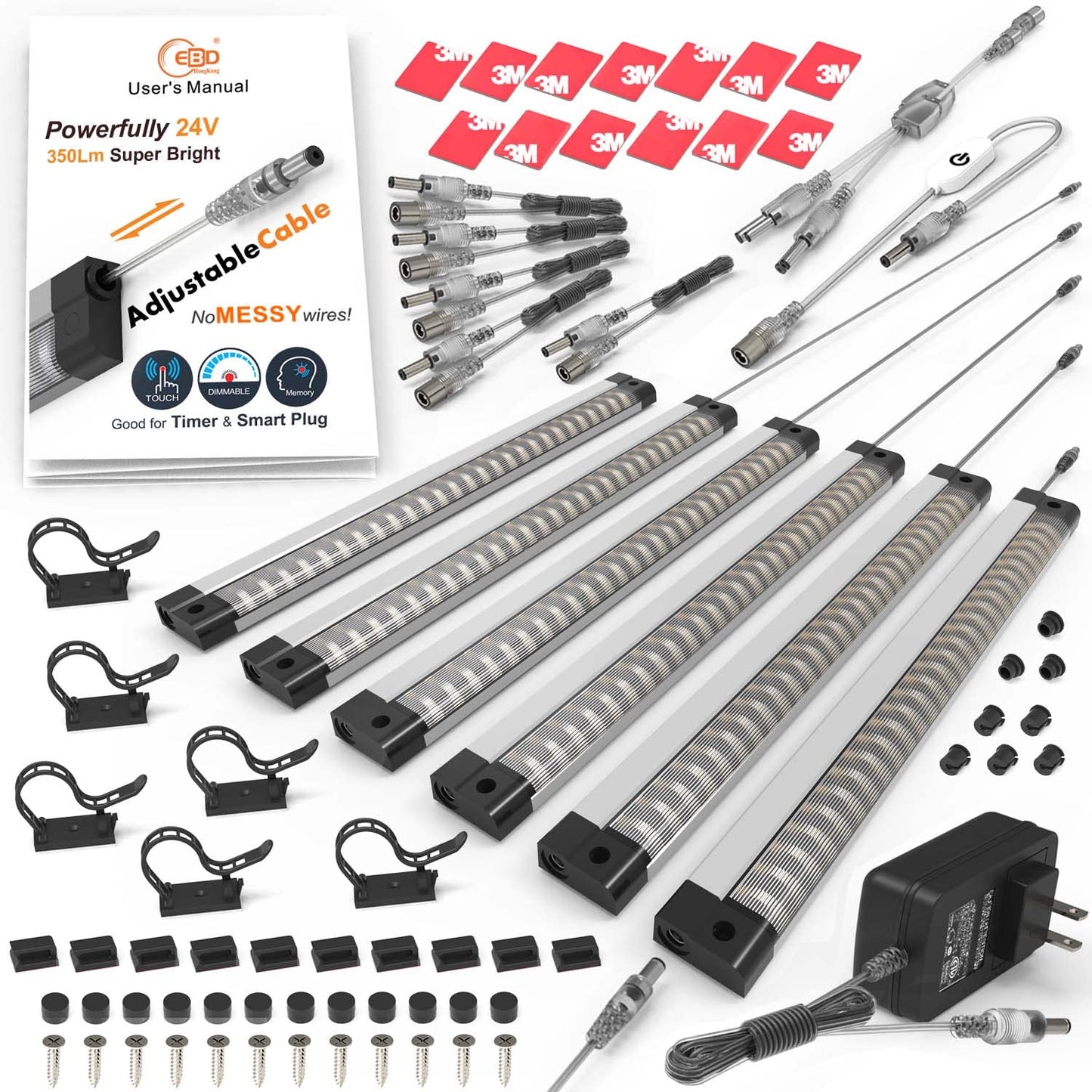 Ebd Led Under Cabinet Lighting Built-In Adjustable Cable & 2-Way Splitter  6 Panel Under Counter Lights For Kitchen 6500K 2100Lm Super Bright Closet Light For Timer