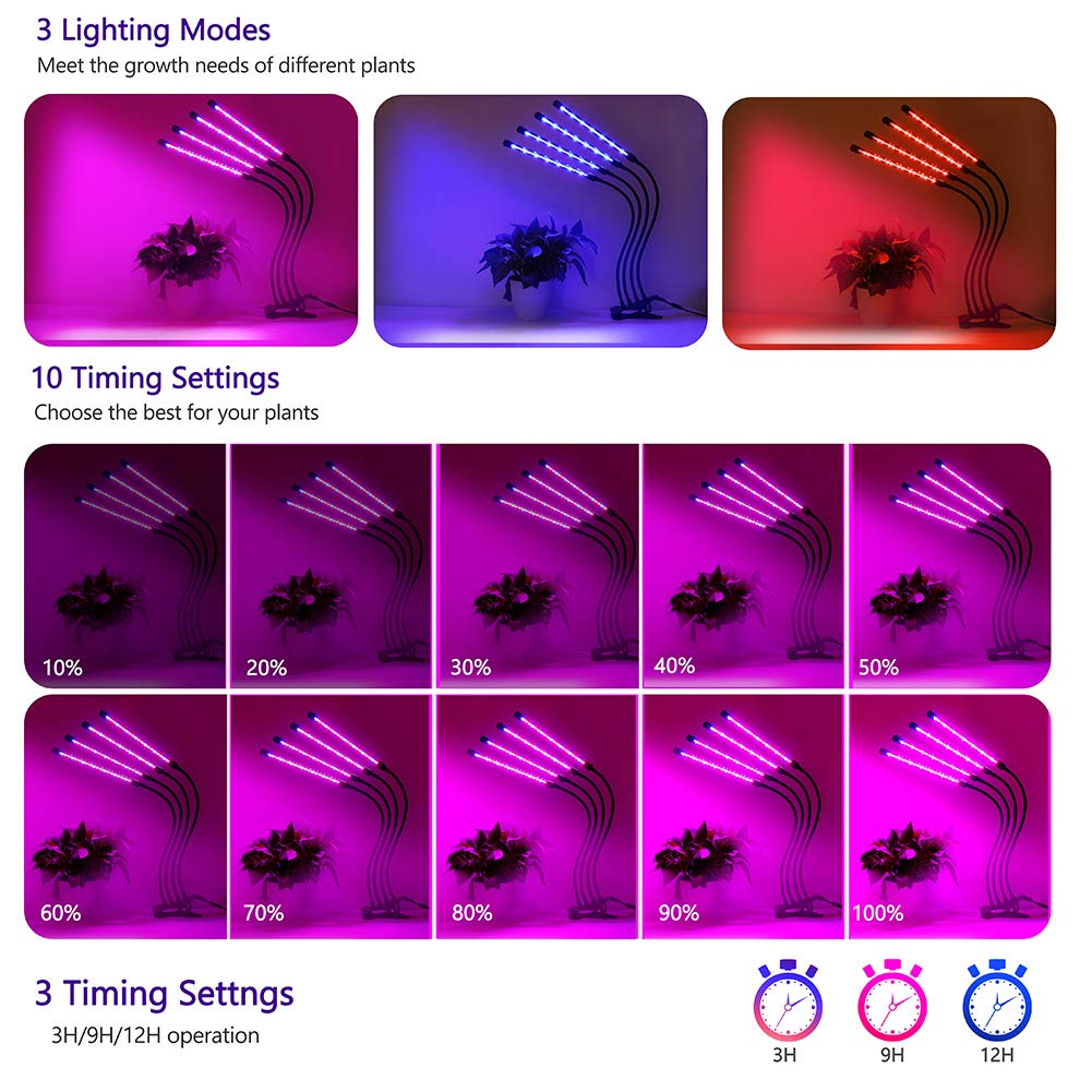 Felibeaco 80W LED Grow Light for Indoor Plants, 4 Head Full Spectrum, Auto Timer, 360° Flexible Gooseneck, Black, Clip Model