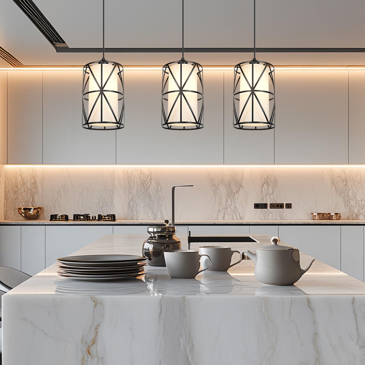 Zlierop 7in Matte Black Pendant Light, Adjustable Height, Linen Shade, Metal, Ideal for Kitchen, Dining Room, Living Room