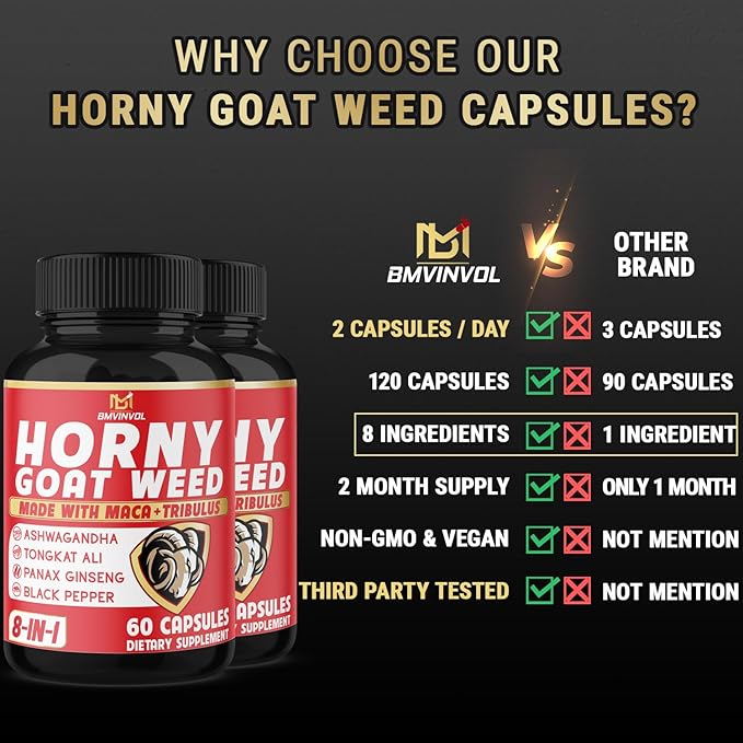BMVINVOL (2 Packs) Horny Goat Weed Capsules with Maca, Tribulus, Ginseng. Ashwagandha,Tongkat Ali - 8-in-1 for Support Energy Levels