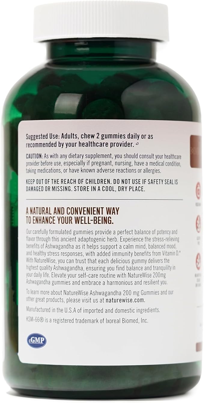 NatureWise Ashwagandha Gummies - Strawberry Kiwi - KSM-66 with Vitamin D3 - Calming Mood Support - Vegetarian - Non-GMO, Gelatin and Gluten Free - 180 Count[3-Month Supply]