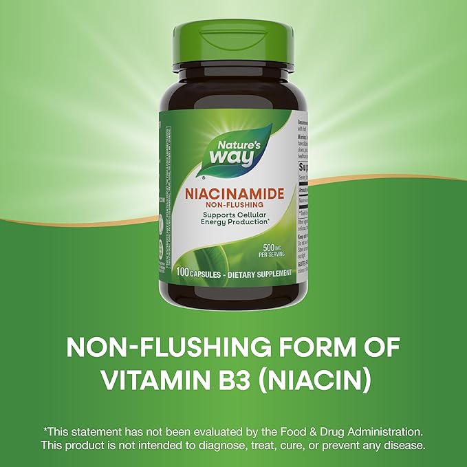 Nature's Way Niacinamide, Non-Flushing Vitamin B3, Supports Cellular Energy*, 500 mg per Serving, 100 Capsules (Packaging May Vary)