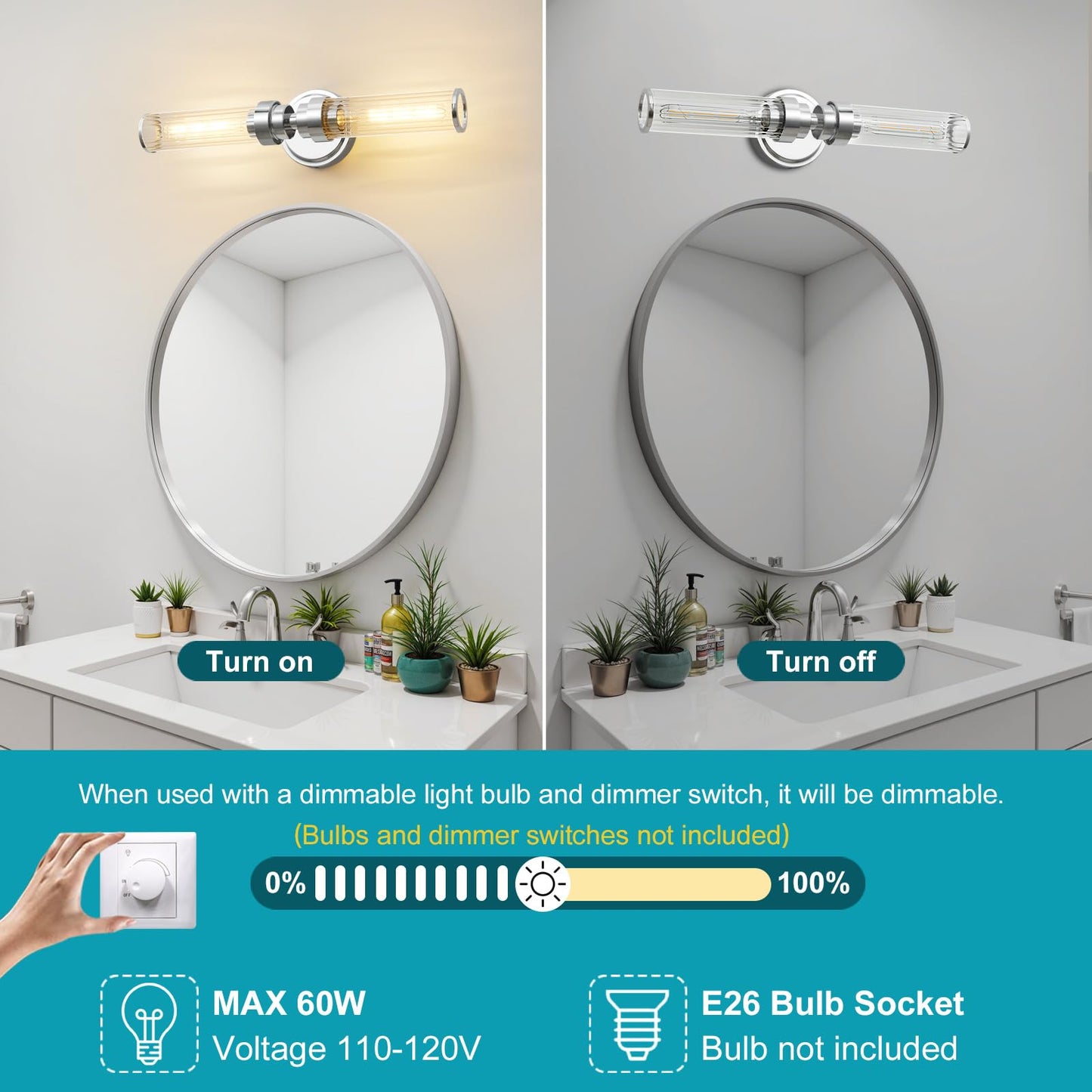 Vaziden Bathroom Light Fixtures  Chrome Wall Sconce In Threaded Glass Indoor Vanity Lights  Modern Bathroom Vanity Light Up And Down Sconces Wall Lighting For Bathroom  Living Room - Bulb Not Included