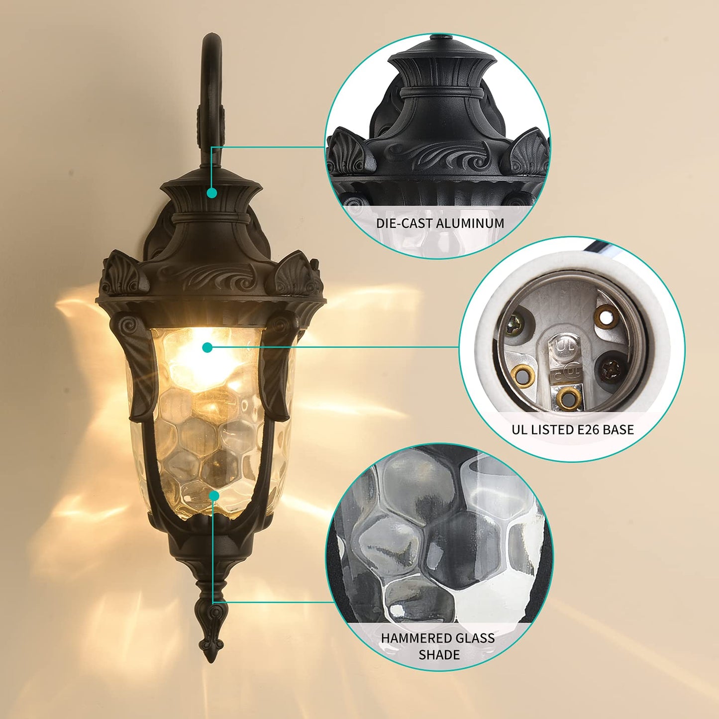 Lonedruid Outdoor Wall Light Fixture, Black Aluminum Sconce, 16.93”H Waterproof Lantern With Hammered Glass Shade For Porch