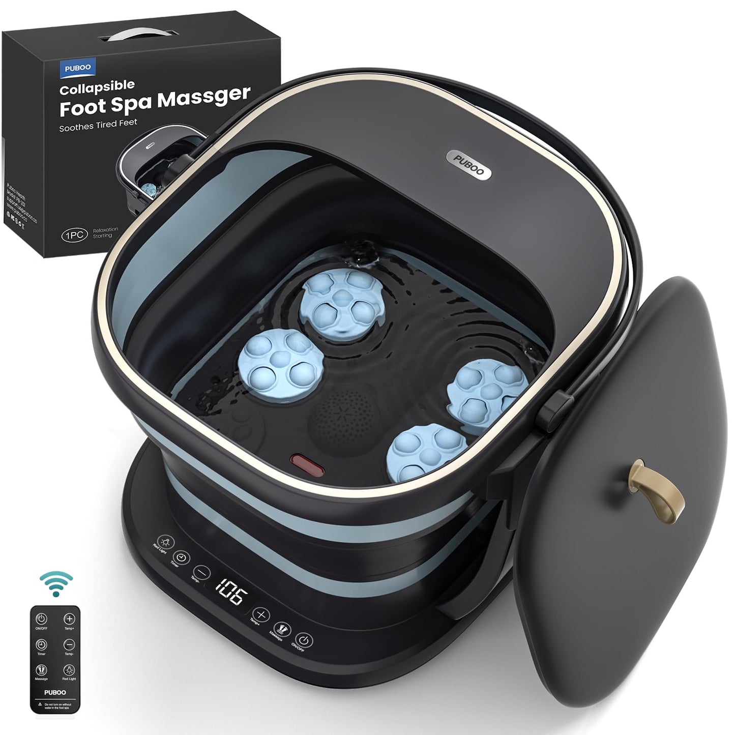 Puboo Collapsible Foot Spa Bath with Heat, Remote & Timer, 16 Massage Balls, Support Rods - Heated Pedicure Soaking Tub for Stre