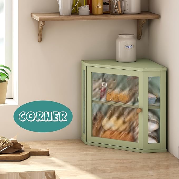 Corner Bread Box for Kitchen Countertop, Bamboo Wood Large Capacity Bread Storage Bin with Acrylic Wavy Door Panel, Green