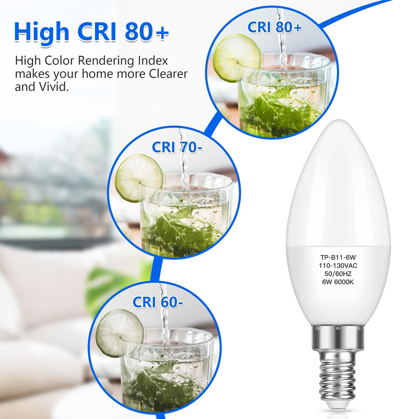 Maxvolador E12 Candelabra Led Bulbs 60W Equivalent, 6W 600 Lm, Cool White, 12-Pack, Non-Dimmable, B11 Candle Base