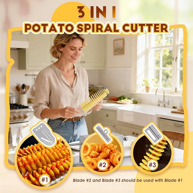 CGOLDENWALL Spiral Potato Cutter 3-in-1 Electric Tornado Potato Slicer for Curly Fries/Twist Hot Dog, Dual-Station Cutting, Automatic Potato Twister, Vegetable Cutting Machine for Home Commercial Use