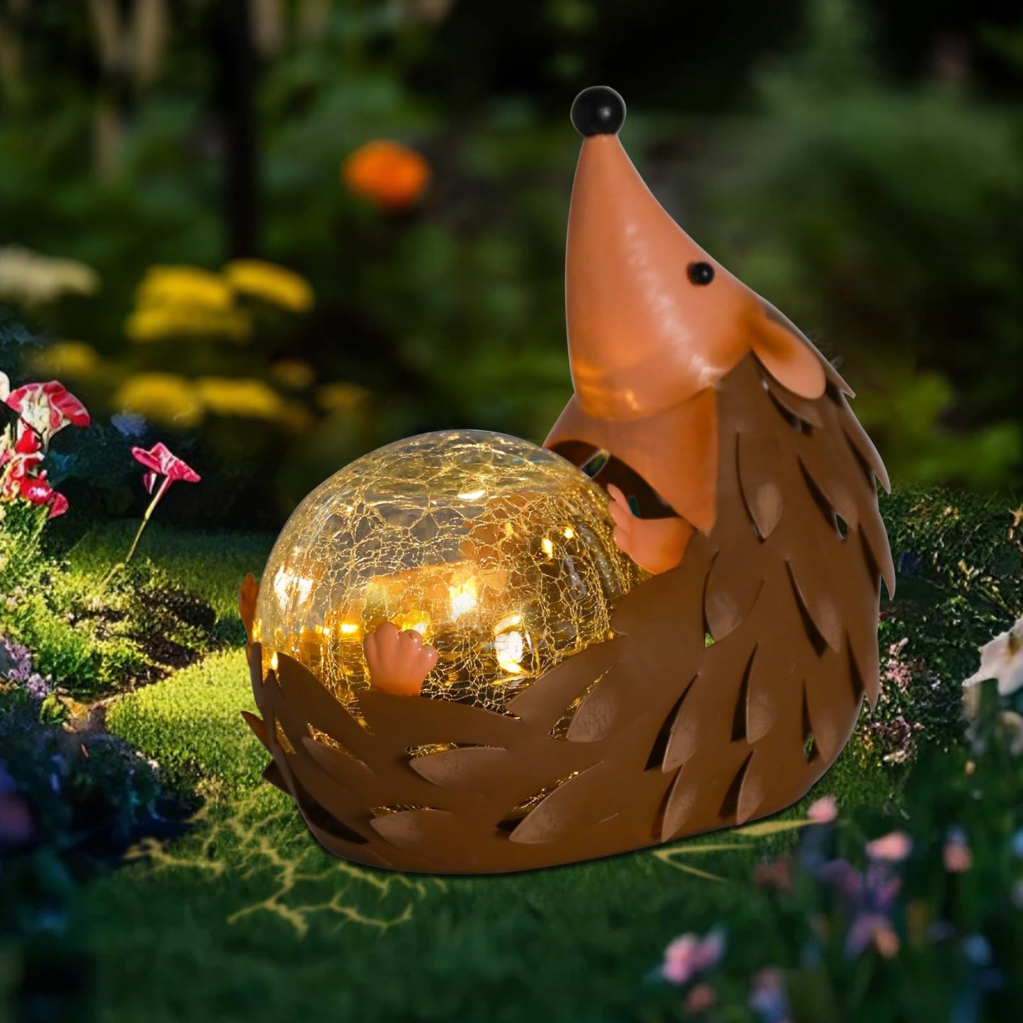 MUMTOP Solar Lantern - Waterproof Hedgehog Outdoor Light, Metal Garden Decor, Brown, Model 4822111