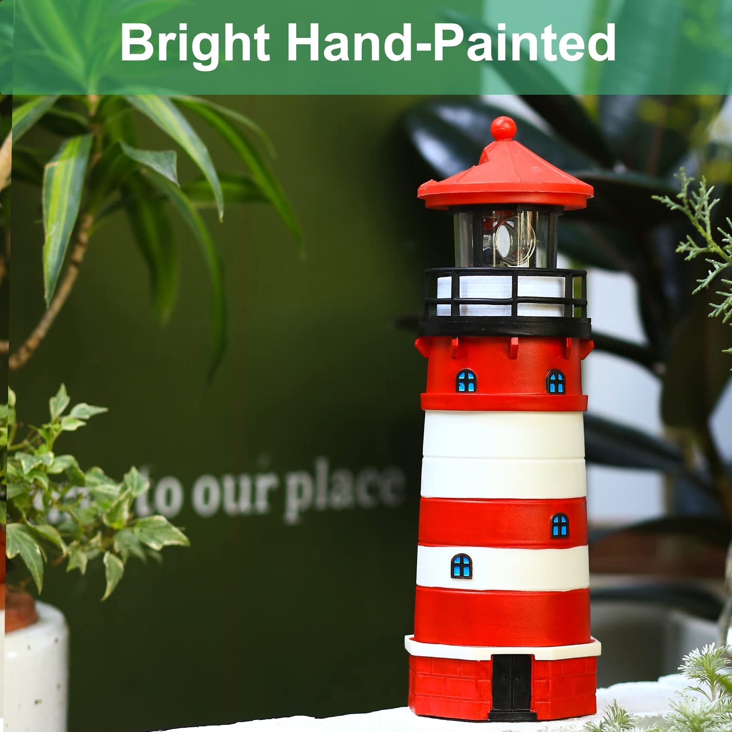 WDLFCGC Solar Lighthouse 12in Tall with Rotating Beacon, 360° Decoration, Model 3130A, Red