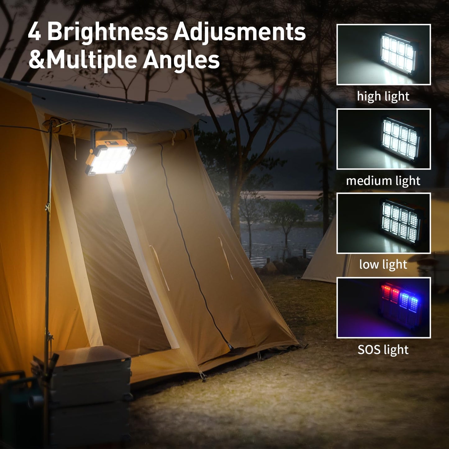 DANCINGBOAR 120W Solar Rechargeable Work Light, 144 LED, 10000LM, IP66 Waterproof, Portable Flood Light, Yellow, Model U8CUP
