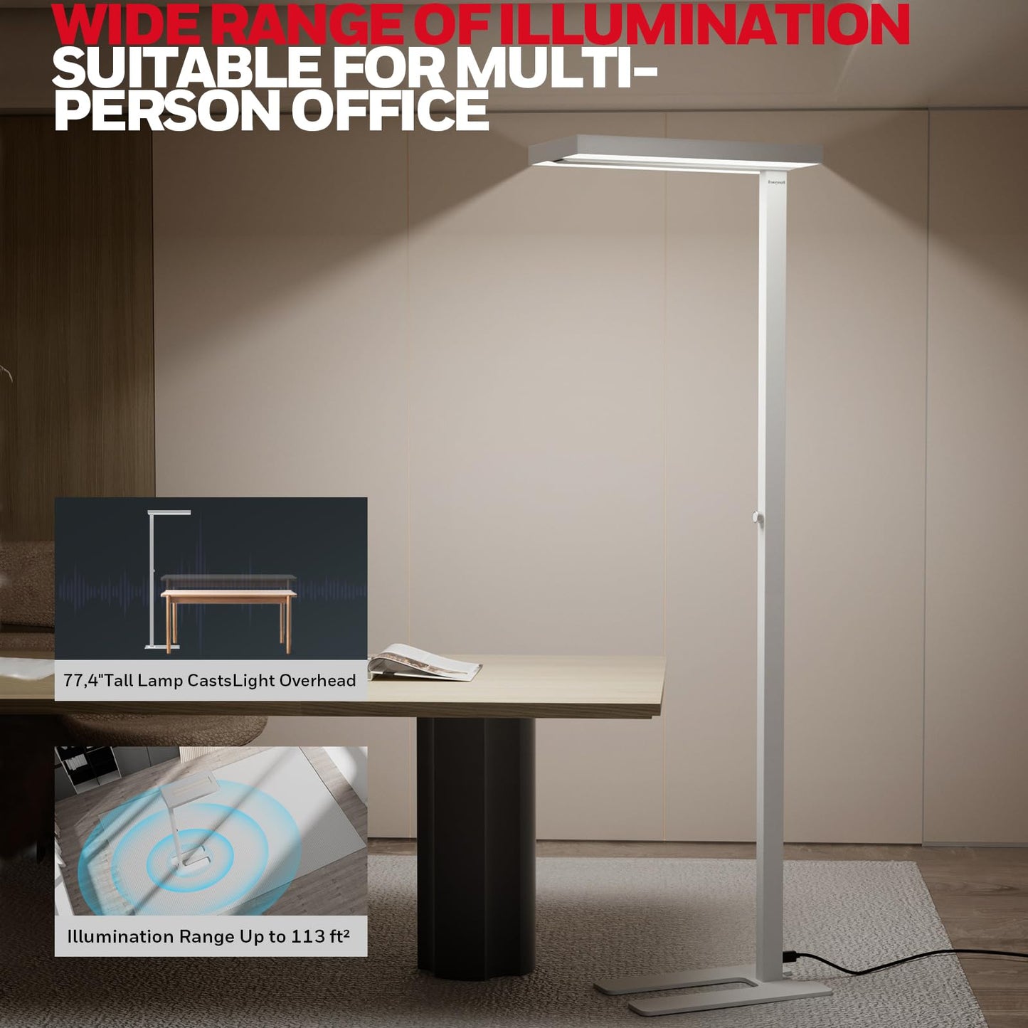 Honeywell LED Floor Lamp - Modern Eye Caring Dimmable Light, 6000LM, 60W, 4000K, Large, White, Model HWL-02E