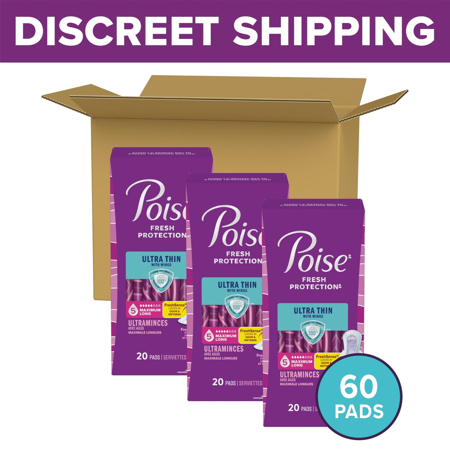 Poise Ultra Thin Incontinence & Postpartum Pads with Wings for Bladder Leaks, 5 Drop Maximum Absorbency, Long Length, 60 Count, Packaging May Vary