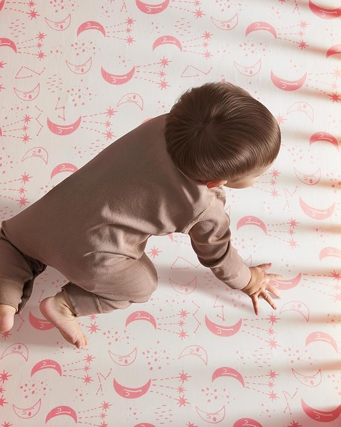 Baby Crib Sheets for Boys Girls, 28x52x8in Fitted Crib Sheet Neutral 3 Pack for Standard Crib and Toddler Mattress, Breathable Soft Microfiber Baby Sheet Pink White Moon