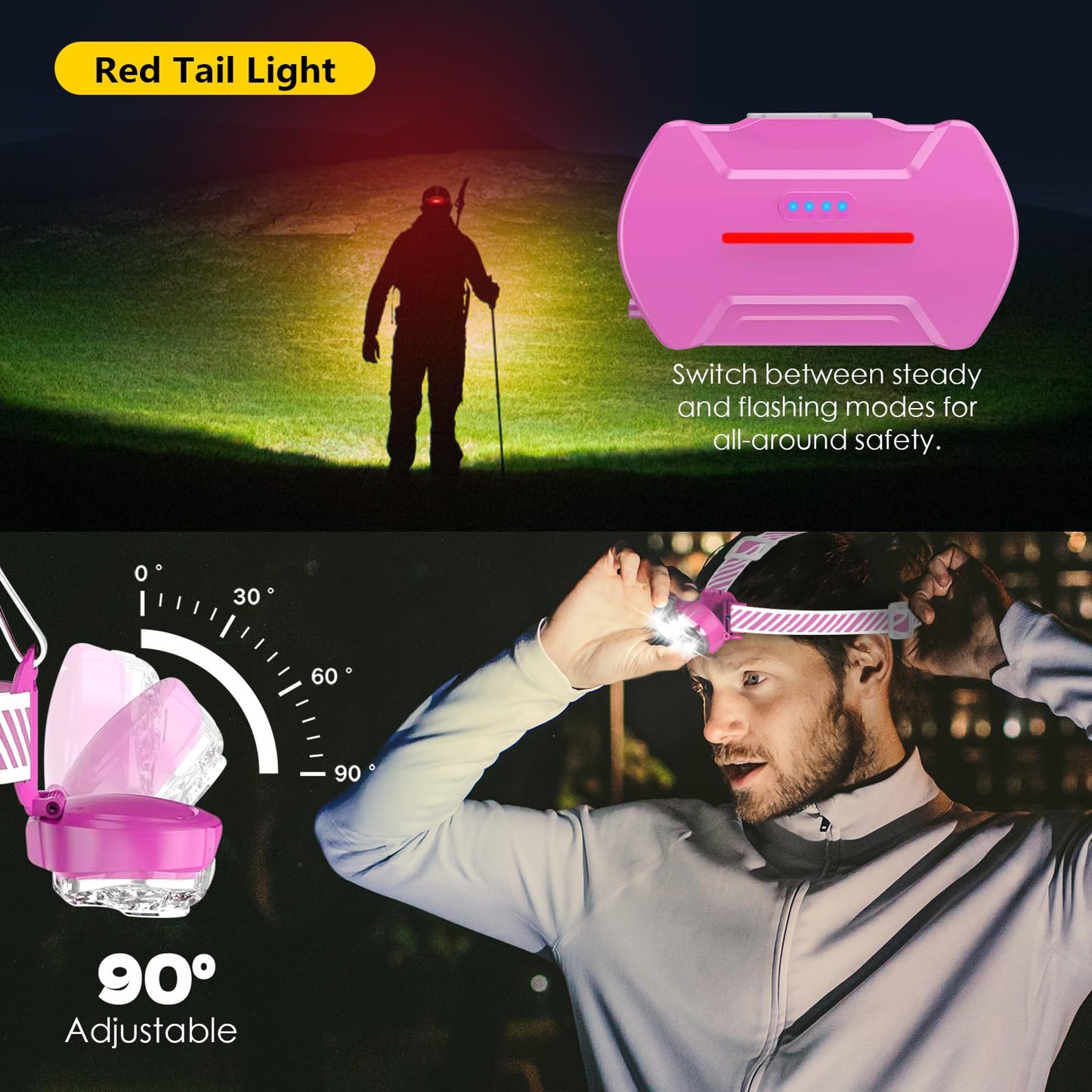 MIOISY Rechargeable Headlamp, 20000 Lumens, 8 Modes, IPX4 Waterproof, 1-Pack, Pink, Model HL-HL-C01
