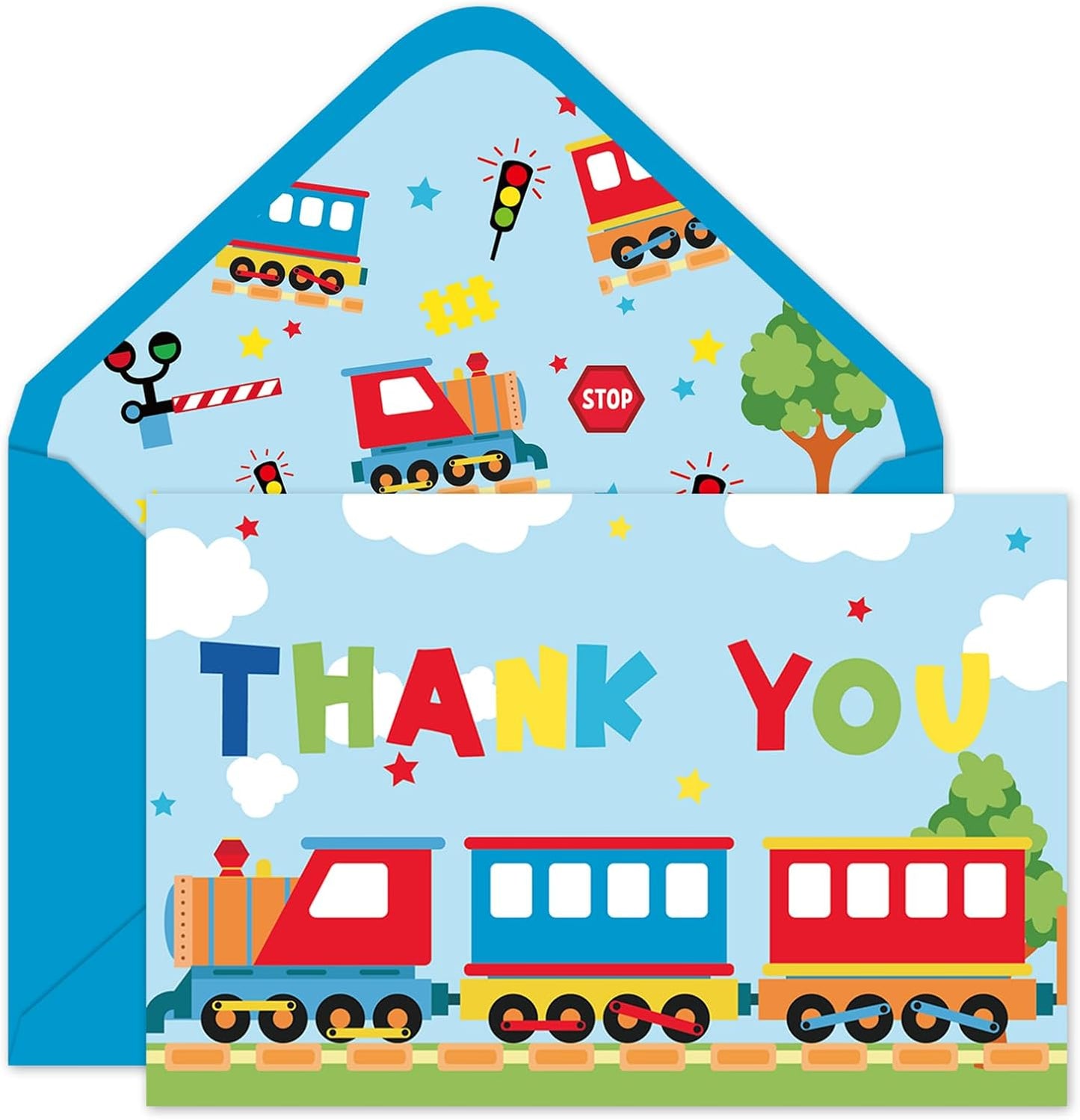 Whaline 24Pcs Cartoon Train Thank You Cards with Envelopes Stickers Blue Red Train Greeting Cards Blank Note Card for Birthday Baby Shower Party Supplies
