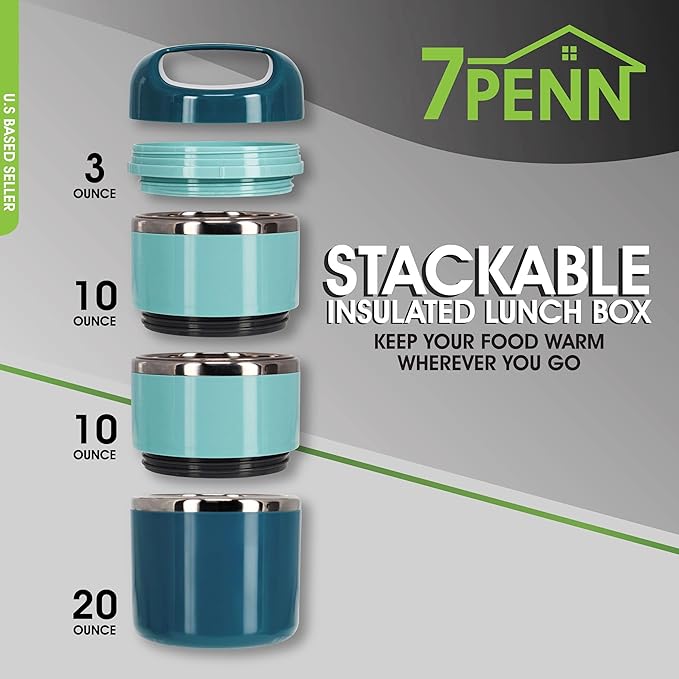 7Penn Insulated Lunch Box Containers 43 oz Capacity - 3 Tier Stackable Stainless Steel Thermal Lunch Box - Keep Warm Cylinder Adult Portable Insulated Lunch Container Set for Hot Food on the Go