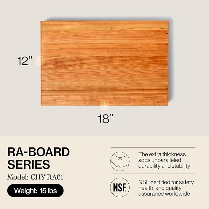 John Boos RA-Board Series Rectangular Wooden Maple Cutting Board 18”x12” – 2.25” Thick, 15-lb Reversible Butcher Block with Edge-Grain & Finger Grips – Made in the USA