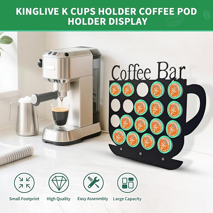 KingLive K Cups Holder Coffee Pod Holder Display, Coffee Bar Design Metal Stand, 19 Pods, Kitchen or Office Home Counter Organizer (Black)