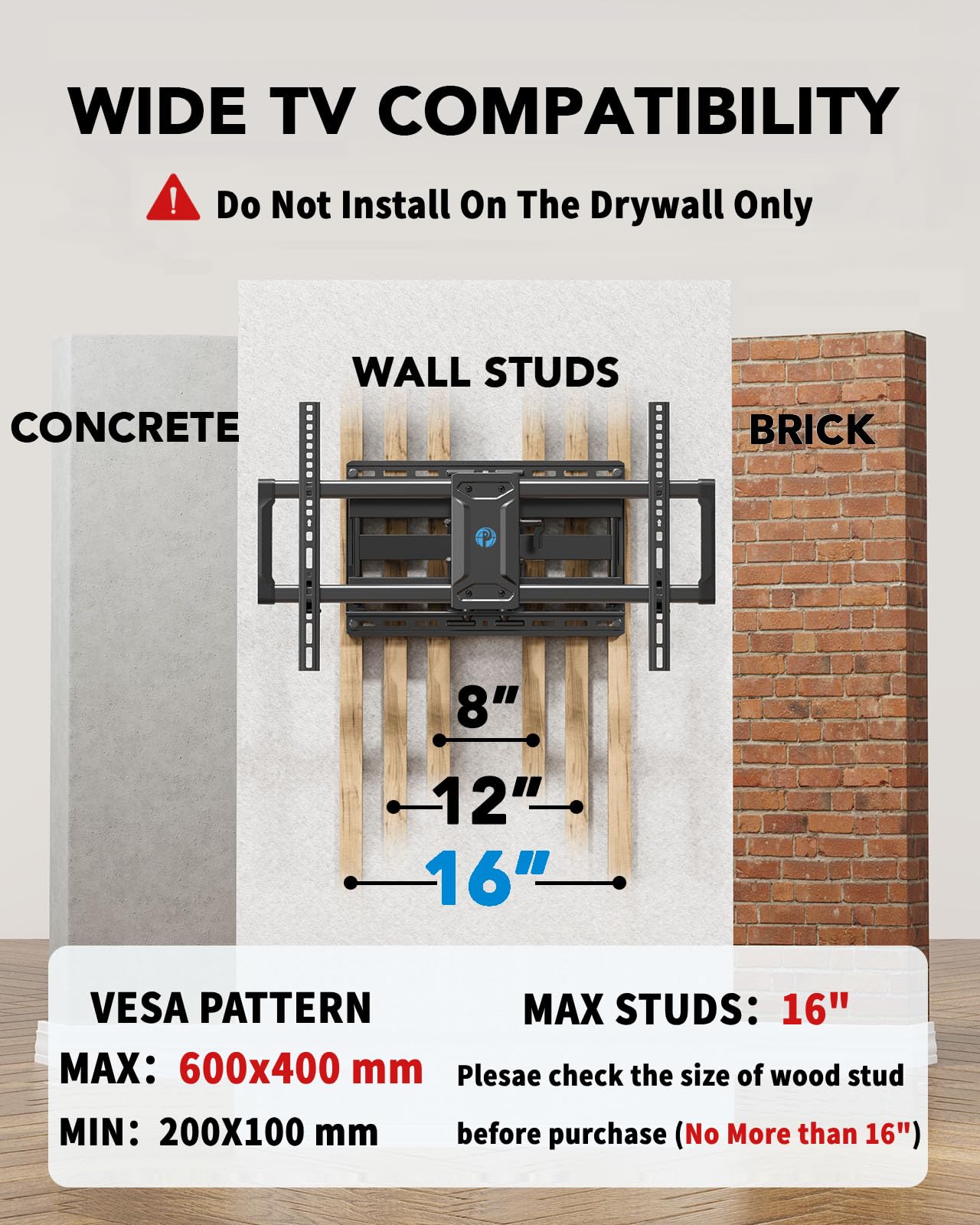Pipishell Full Motion TV Wall Mount for 42-85 inch Flat Screen LED TV up to 132lbs Swivel Dual Articulating Arms Mount, Tool-Free Tilt Bracket Max VESA 600x400mm, Fits 8” 12” 16" Wood Studs