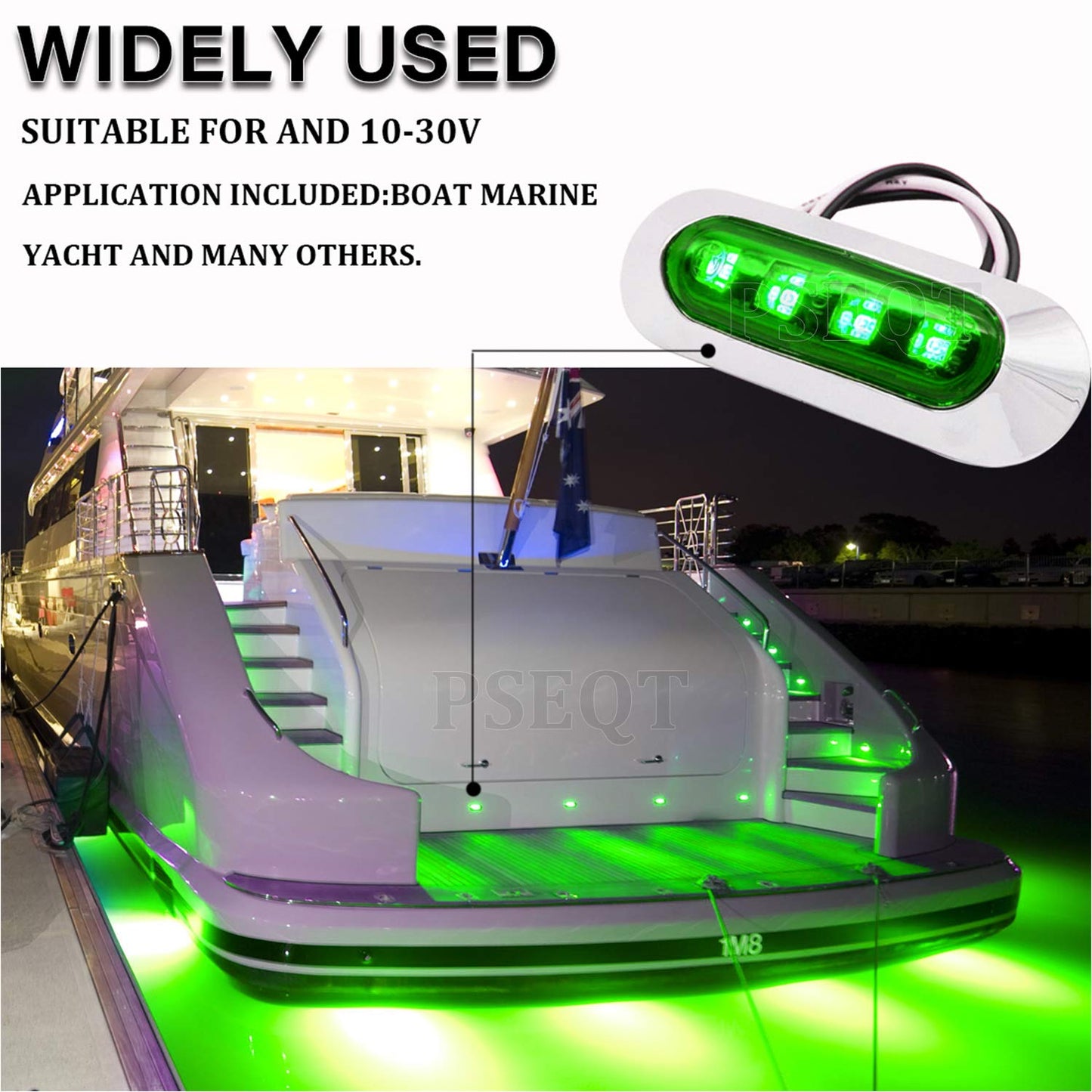 PSEQT Marine LED Lights - Waterproof Interior Deck Light, 3.8in x1.29in x0.78in , Green, 12V/24V, Polycarbonate Lens, Chrome