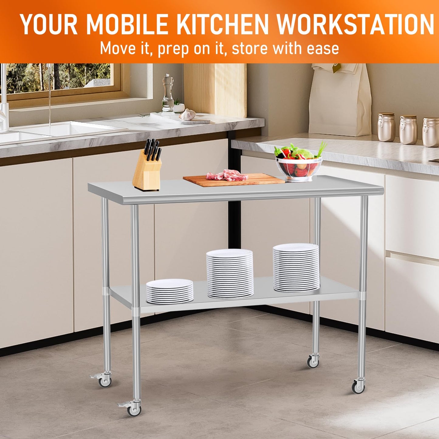 HOCCOT Stainless Steel Table with Wheels 30" x 48" Utility Worktable with Adjustable Undershelf for Commercial Kitchen, Garage, Restaurant