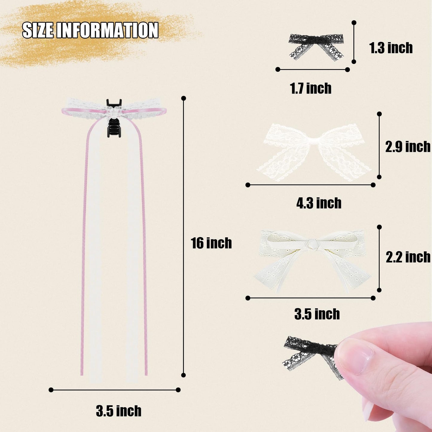 Mini Hair Bows for Women Girls Cute Hair Clips Small Alligator Long Tail Hair Ribbon Accessories -4 Styles -22P - Lace