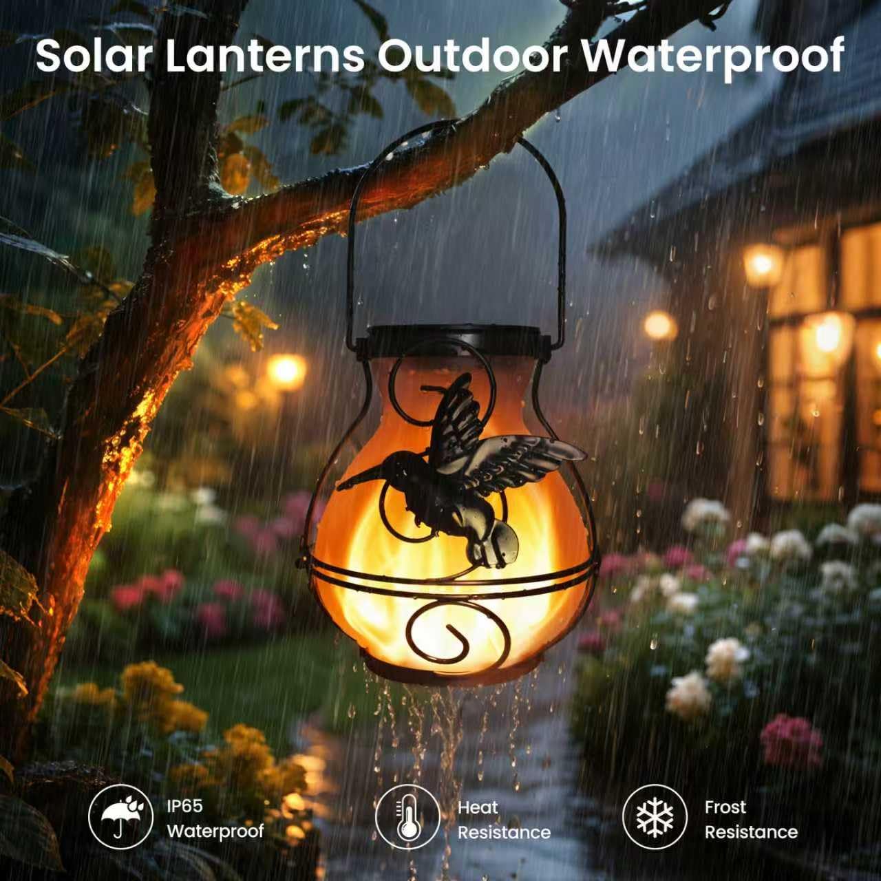X-PREK Solar Lanterns 2 Pack Outdoor Waterproof Flickering Flame Hummingbird Metal Hanging Garden Decor Brown