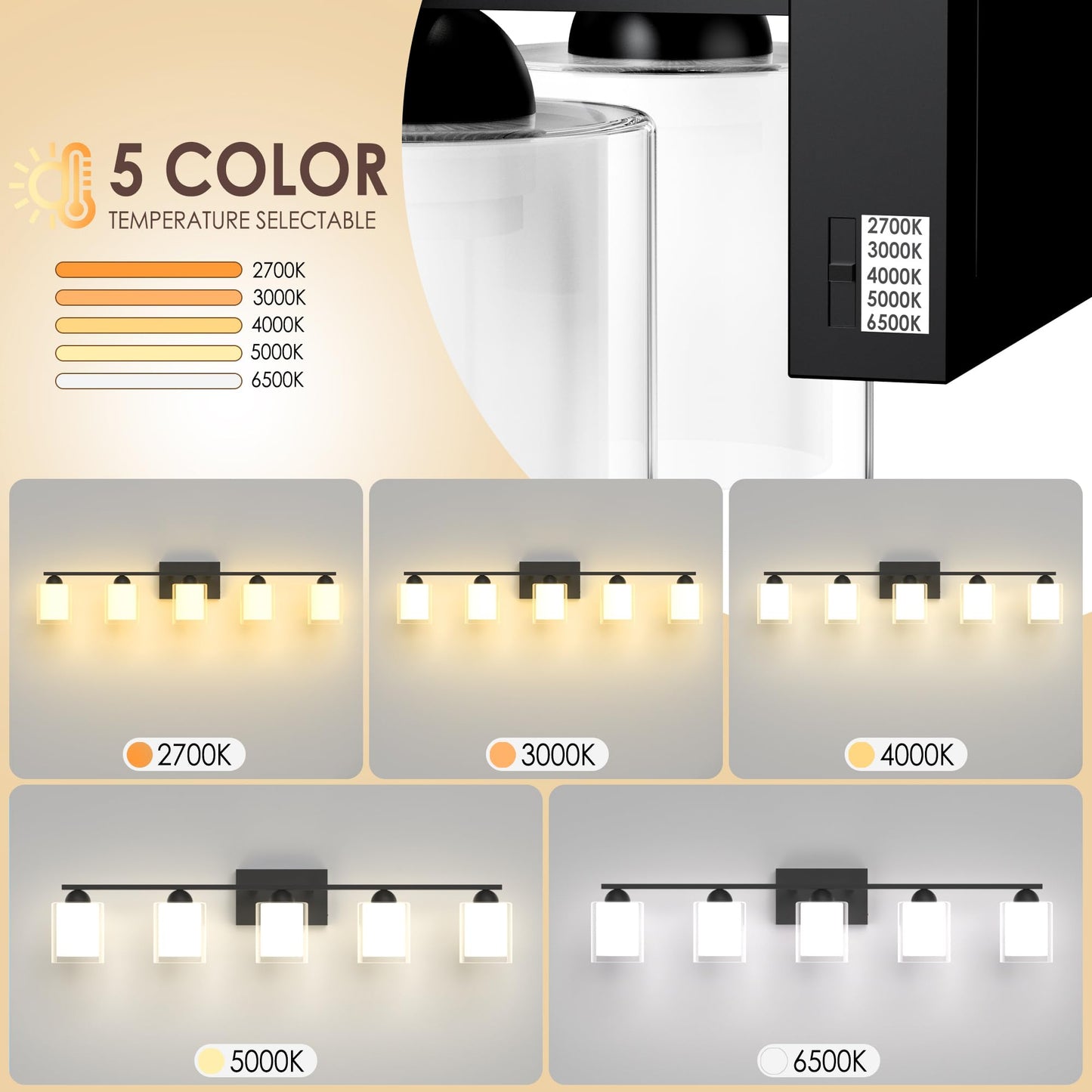 Quntis Bathroom Vanity Light Fixture - 5 Light Dimmable LED, Milk White Frosted Glass, 35W, 33 Inch, Black & Clear