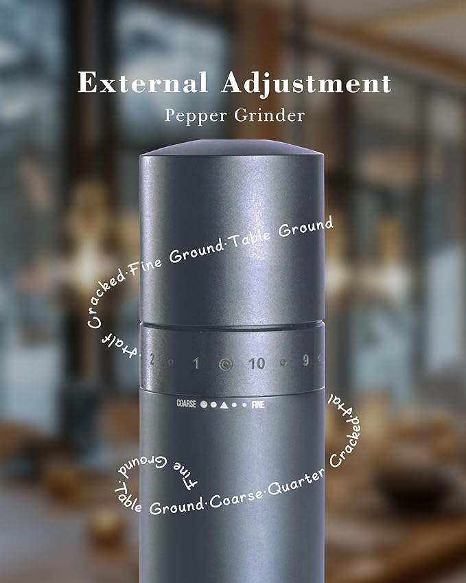 External Adjustable Pepper Grinder — Heavy-Duty All-Metal Manual Mill for Fast, Precise Grinding and Clean, Effortless Seasoning (Deep Gray)