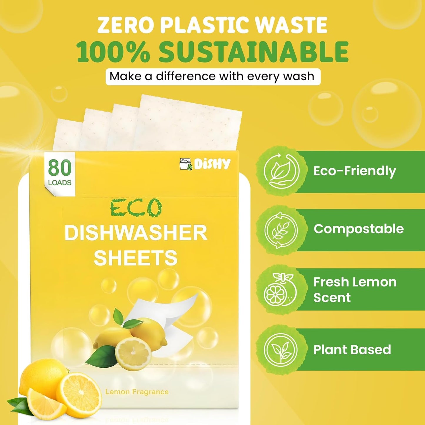 Dishy Eco-Friendly Dishwasher Detergent Sheets - 80 Loads | Plant-Based, Biodegradable & Plastic-Free | Alternative to Dishwasher Tablets | Fresh Lemon Scent