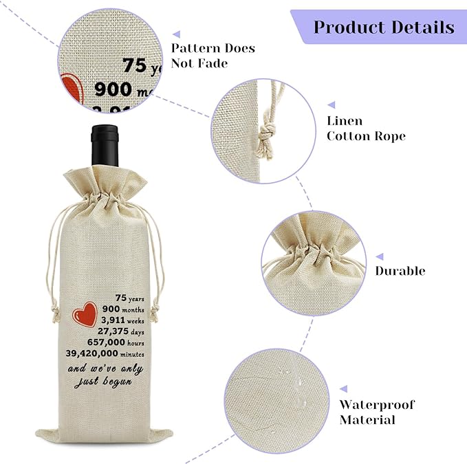 Sfodiary 75th Year Marriage Gift for Couple Wife Husband Wine Bag 75th Anniversary Wedding Gift for Women Men Wine Gift Bag Birthday Christmas Valentine Gift for Him Her Drawstring Wine Wrapping Bag