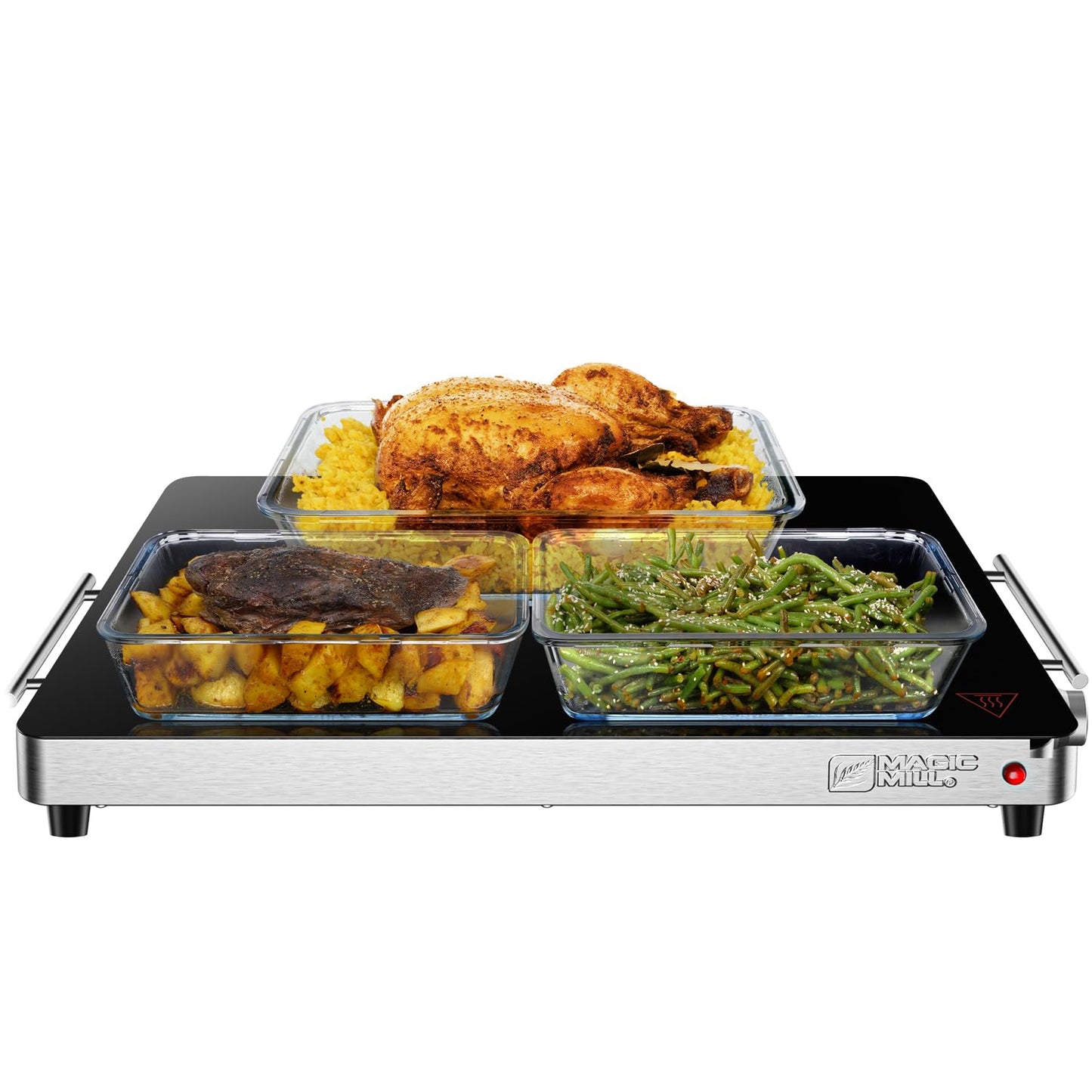 Magic Mill Premium-Grade Glass Food Warmer for Parties Buffet, XL Stainless Steel Modern Electric Warming Tray, Adjustable Temperature Control, Advanced Precision-Engineered Heating System Size-21x16