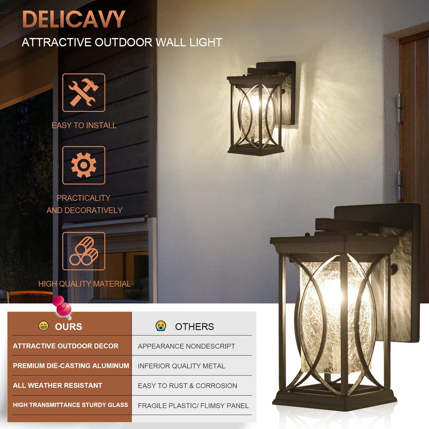 Delicavy Outdoor Wall Lantern - Small Modern Aluminum Light Fixture, Black with Dusk to Dawn Sensor, Waterproof for Porch, Garage, Front Door