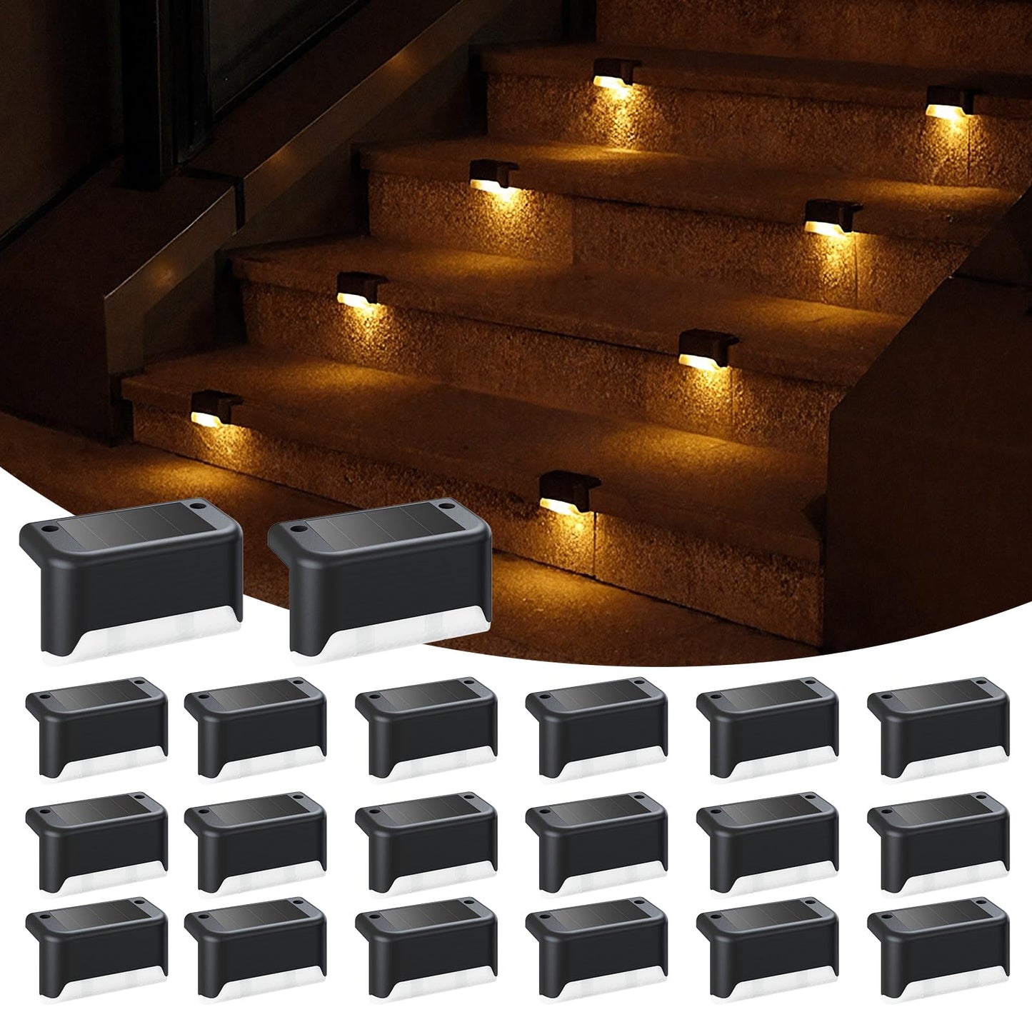 APONUO Solar Deck Lights, 20 Pack, Waterproof Outdoor Lighting for Steps, Fences, Patios, Gardens, Warm White, Black, Model 18344BDR-B-20PK