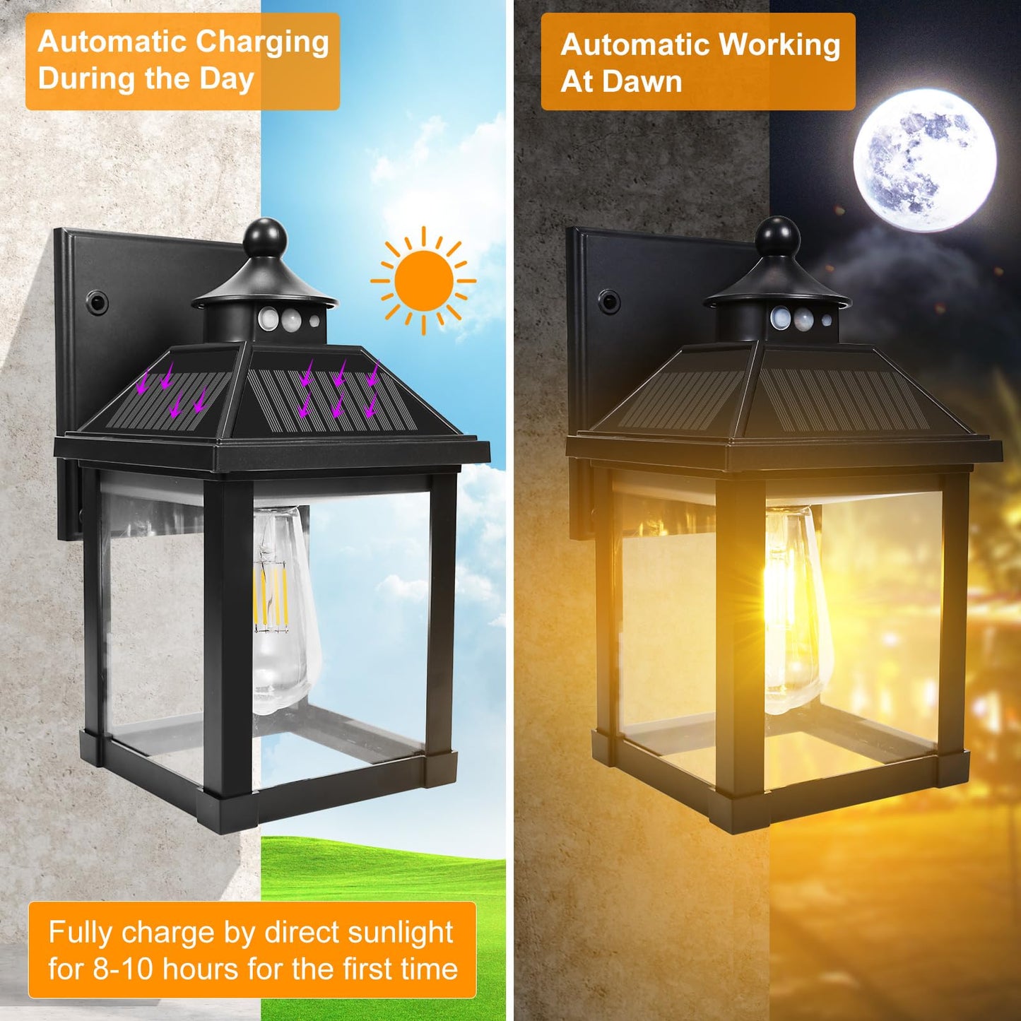 Kuniwa Solar Wall Lights Outdoor, Motion Sensor, 3 Lighting Modes, 2 Pack, Black, Model XHY2208, Waterproof Sconces