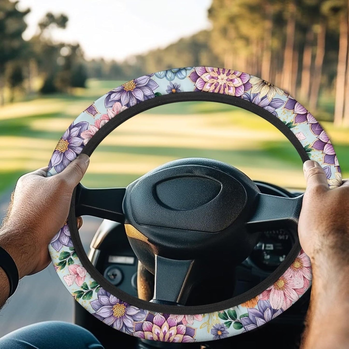 Boho Flowers Golf Cart Steering Wheel Covers Universal 13-14 Inch Golf Cart Steering Wheel Covers Club Car Soft and Washable Blossom Accessories Protector