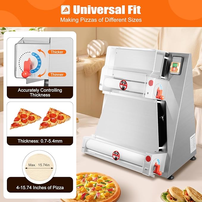 Pizza Dough Roller Sheeter, 4-16" 110V 370W Commercial Electric Automatic Pizza Press Making Rolling Machine Stainless Steel Adjustable Thickness Dough Machine for Noodle Pizza Bread & Pasta Maker