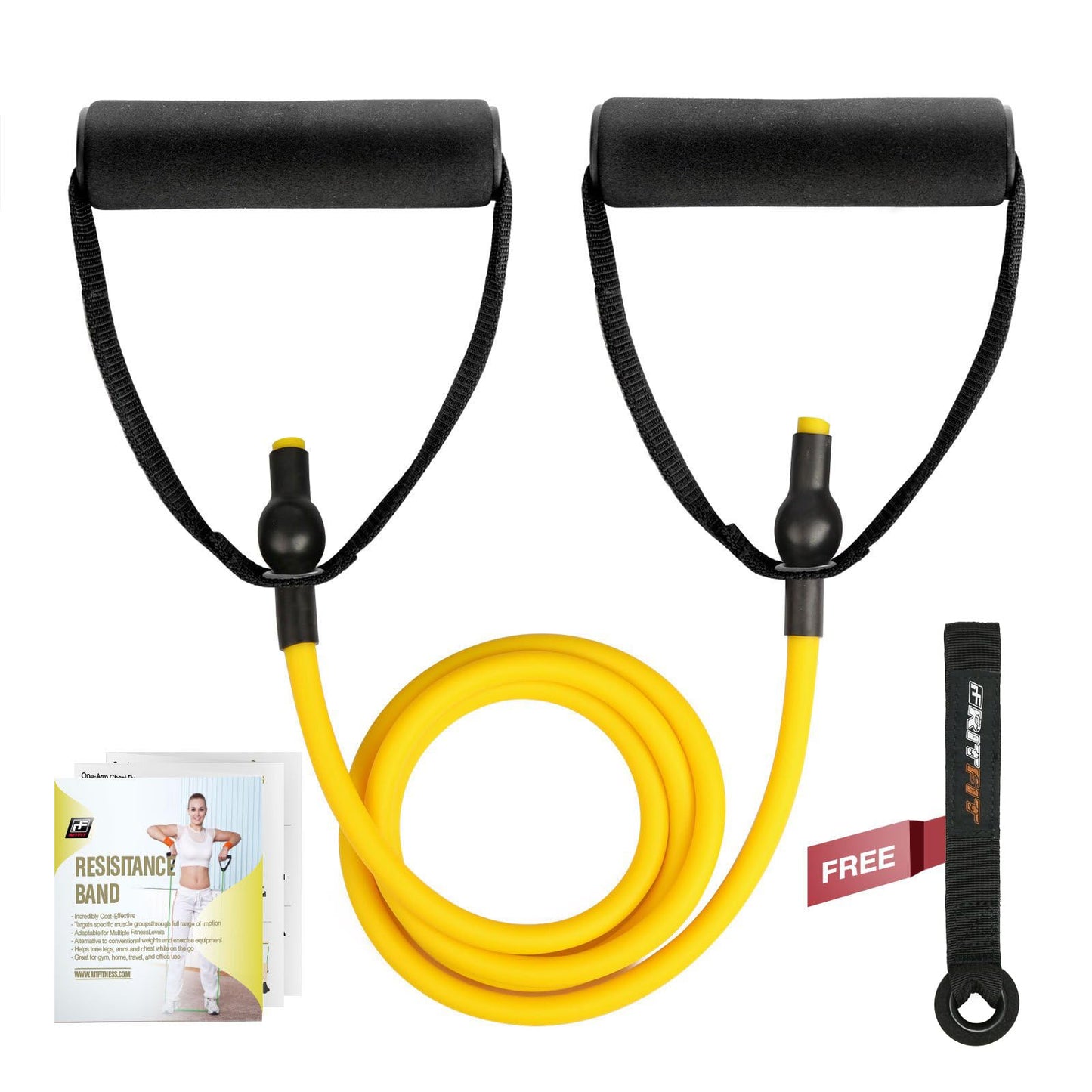 RitFit Single Resistance Exercise Band with Comfortable Handles - Ideal for Physical Therapy, Strength Training, Muscle Toning - Foam Padding Door Anchor and Starter Guide Included (Yellow(1-5lbs))