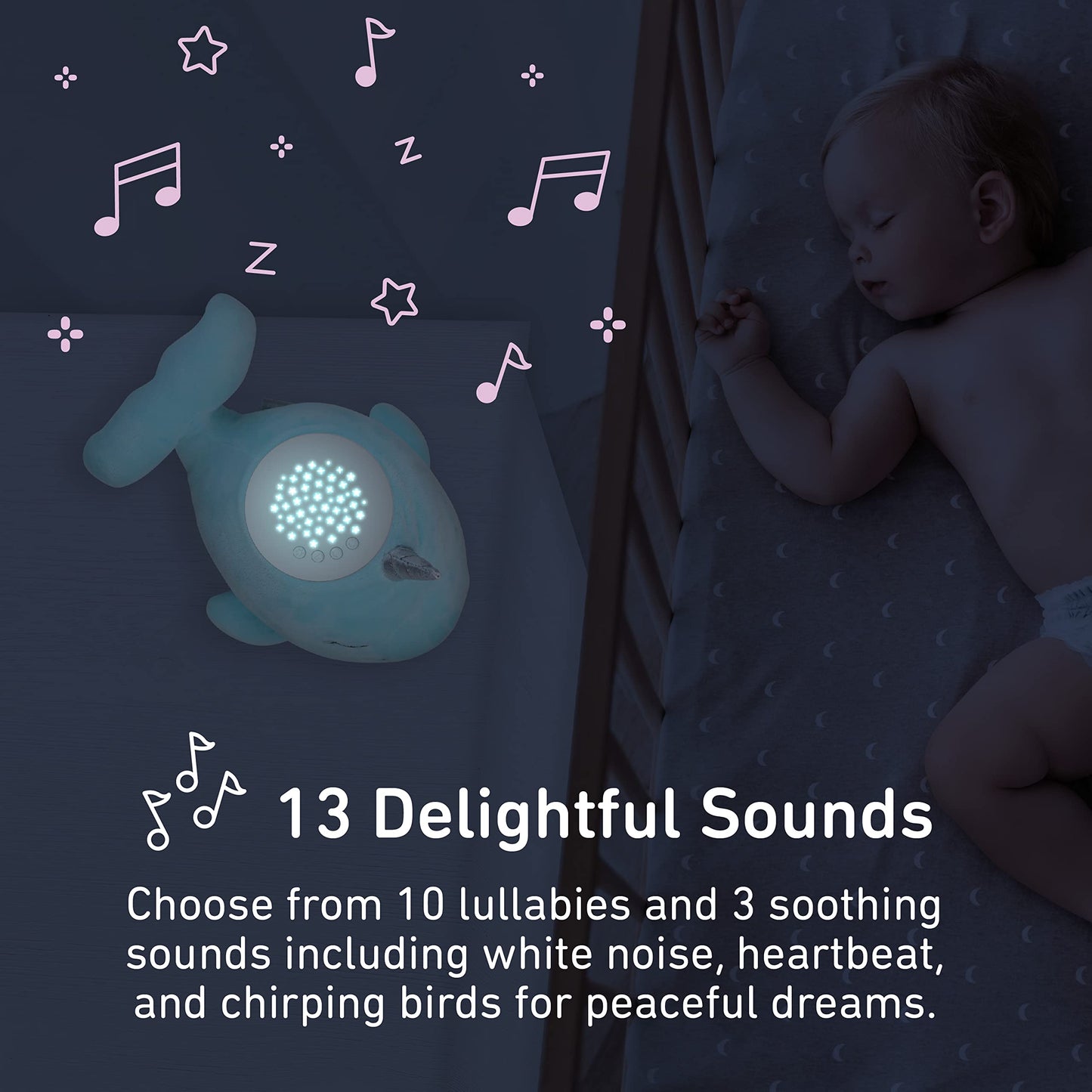 PureBaby Sound Sleepers Portable Sound Machine & Star Projector - Plush Sleep Aid for Baby and Toddlers with Soothing Night Light Display, 10 Lullabies, White Noise, and Heartbeat Sounds (Narwhal)