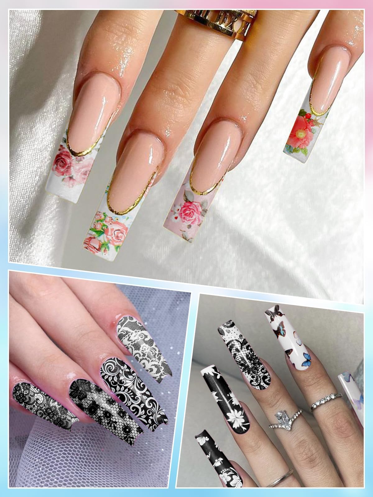 EBANKU Nail Foil Glue Gel, 20 Pcs Nail Art Foil with 30ML Glue, Flower Foils Transfer Stickers Transfer Foils Gels Polish Set fo