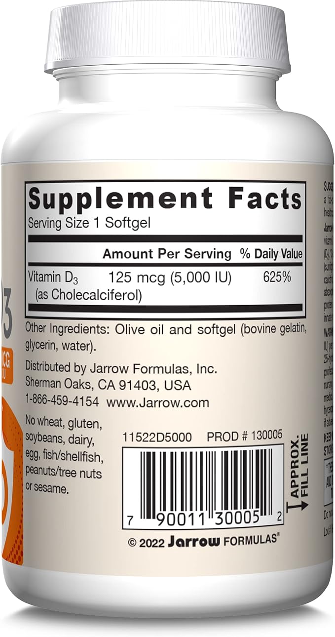 Jarrow Formulas Vitamin D3 125 mcg (5000 IU) - 100 Servs (Softgels) - Bone Health, Immune Support & Calcium Metabolism Support-Vitamin D Supp-D3 Vitamins -5000 IU Vitamin D - Gluten Free (Pack of 12)
