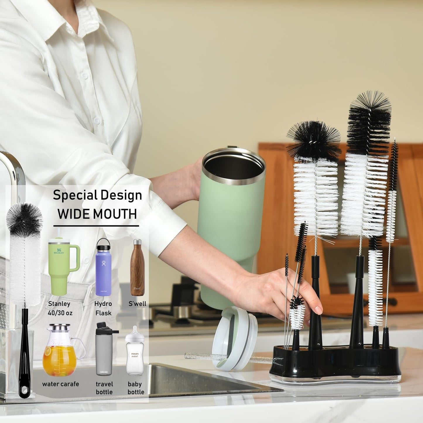 ALINK 8 Pack Black Bottle Brush Cleaning Set with Stand, Long Handle Bottle Cleaner with Holder for Narrow Neck Beer Wine Brewing Bottles, Stanley Water Bottles, Baby Bottles, Tumblers, Carafe, Straws
