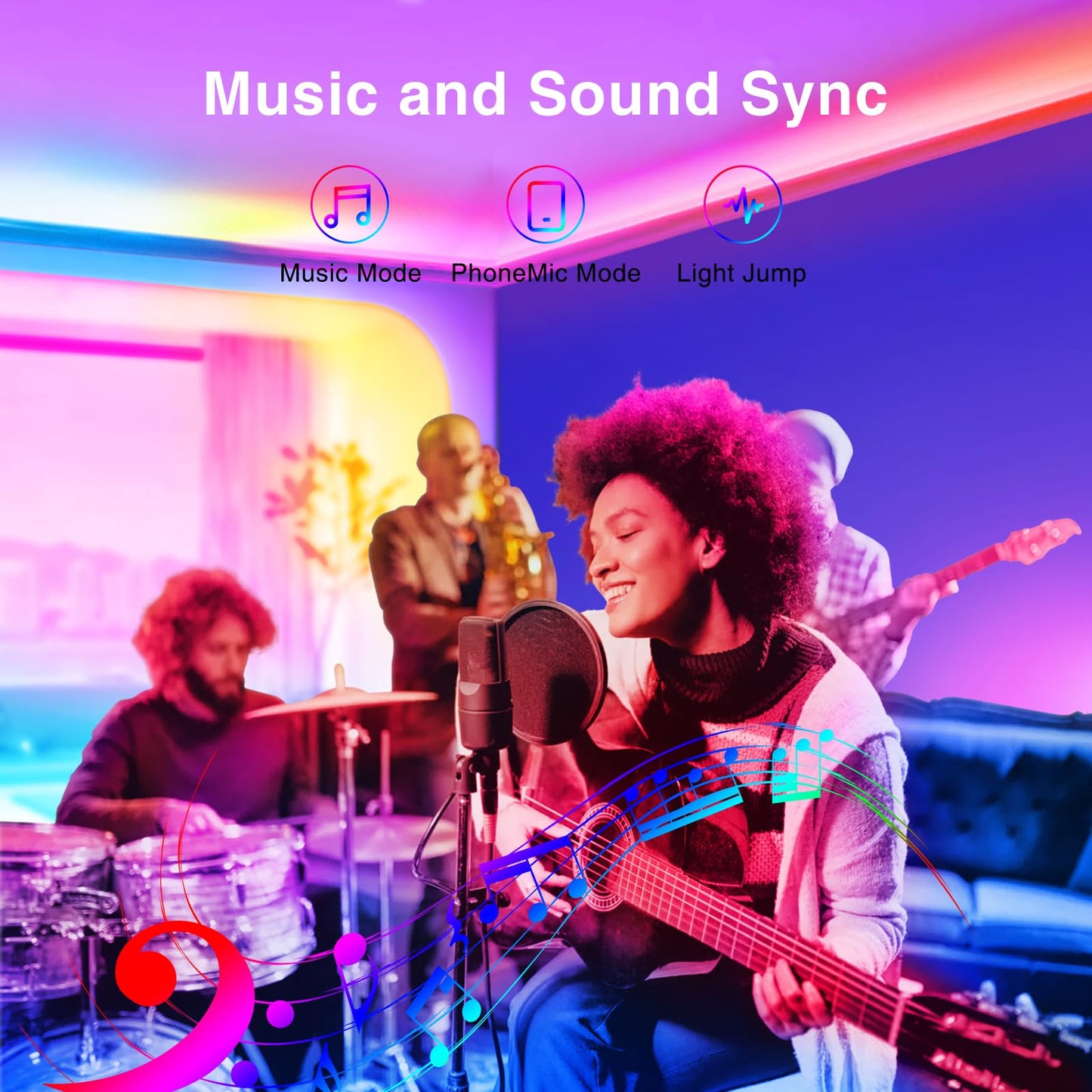 Tjoy 100Ft Bluetooth Led Strip Lights, Rgb Color Changing, Music Sync, App & Remote Control, Vinyl, Multi-Colored
