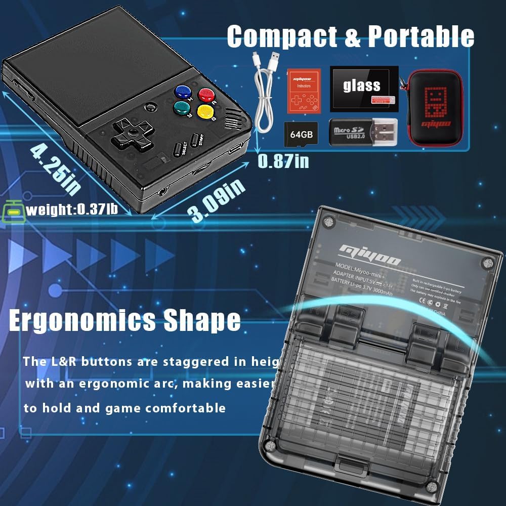 Miyoo Mini Plus with Portable Case Retro Emulator Handheld Game Console Latest Version with WiFi & RTC, 3.5’’ 640*480 IPS Screen 3000mAh Battery, Gray 64GB