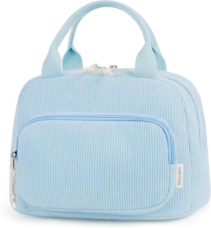 HOMESPON Lunch Bag for Women Men Adults with Front Pocket Cute Corduroy Insulated Lunch Tote Large Capacity Lunch Box Cooler Container for Work Picnic or Travel (Light Blue)