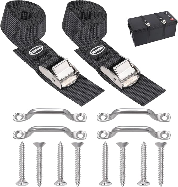 EXVITAL Battery Tie Down Strap Hold Down Kit, 1" x 48" Cooler Tie Down Kit with Non-Rusting Cam Buckle, Stainless Steel Br...