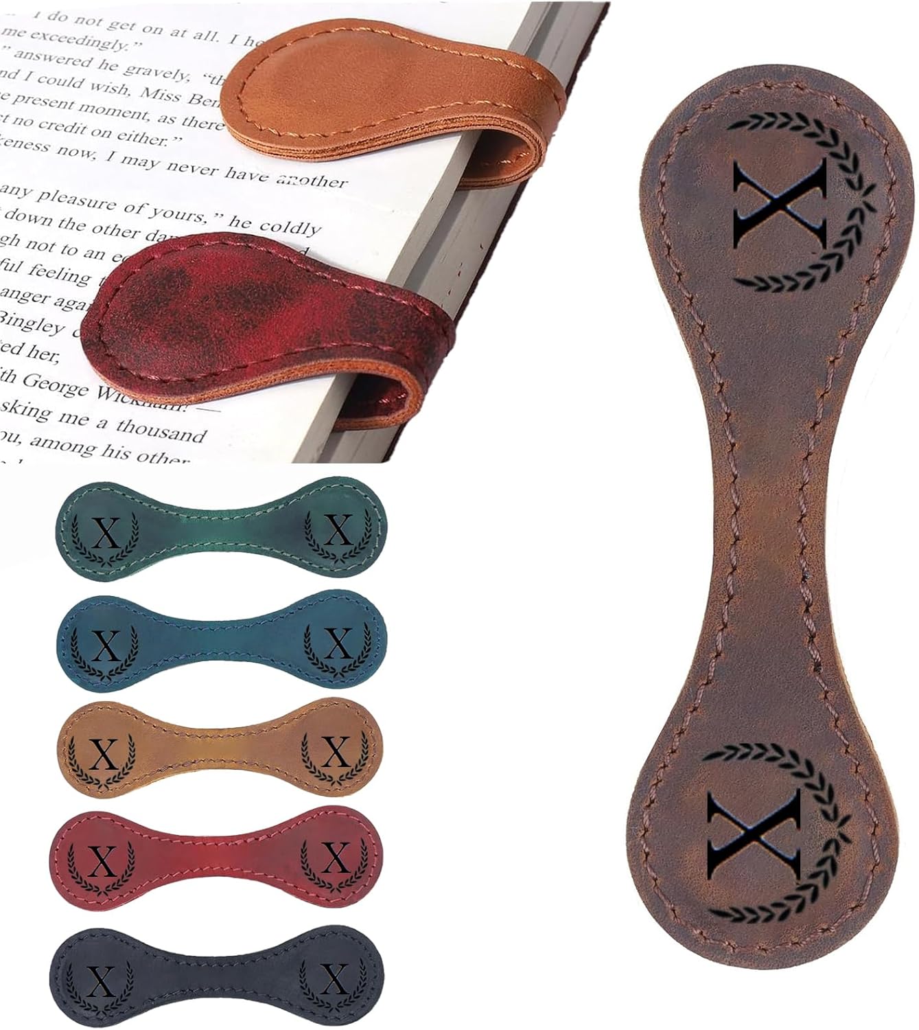 Personalized Magnetic Leather Bookmark, 26 Letters Custom Leather Bookmarks, Handmade, Leather Magnetic Bookmark for Book Lovers Readers Women Kid(Brown，X）